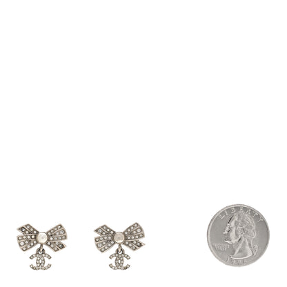 Chanel Crystal Pearl Bow CC Drop Earrings Silver 2 of 5