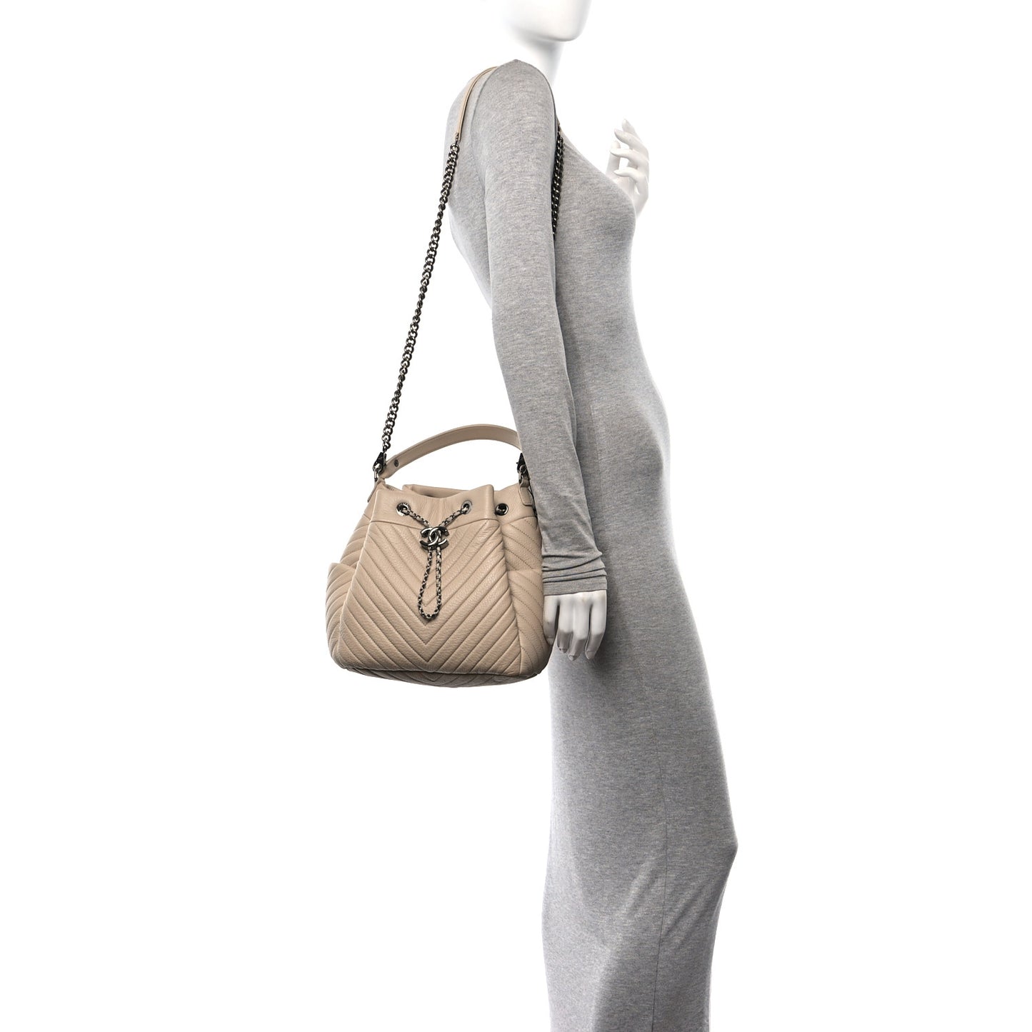 Deerskin Chevron Medium CC Chain Bucket Drawstring Bag Beige
