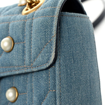 Gucci Denim Matelasse Pearl Studded Mini GG Marmont Shoulder Bag Blue 11 of 11