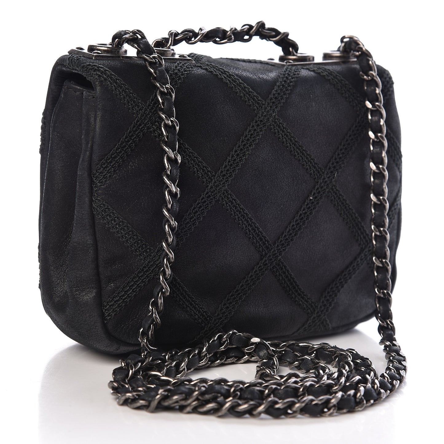 Iridescent Calfskin Diamond Embroidered Mini Flap Black