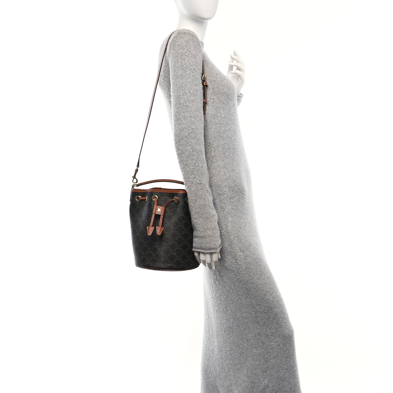 Celine Triomphe Canvas Calfskin Clara Drawstring Bucket Bag Tan 2 of 9