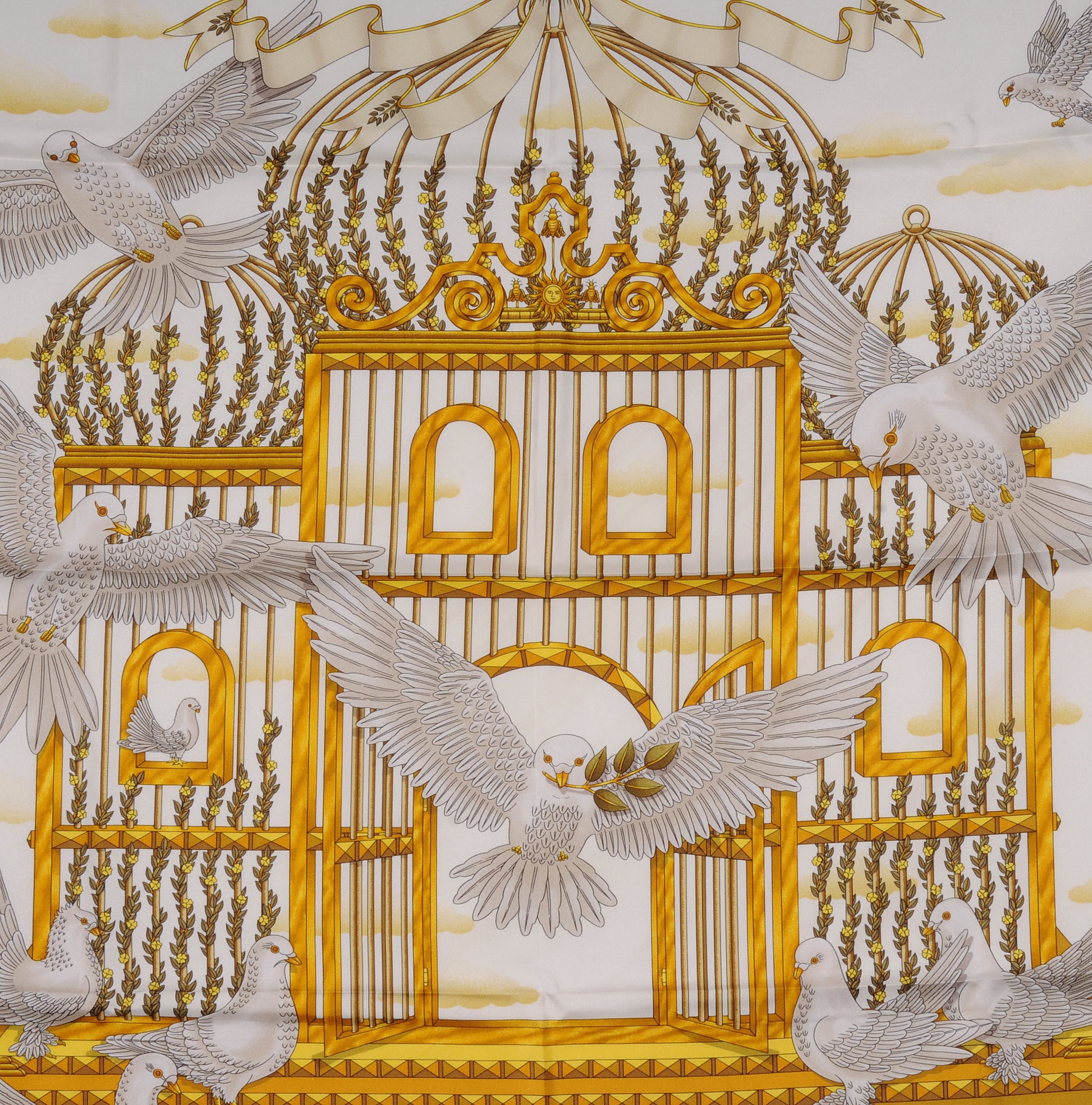 Hermes Silk Doves Of Peace Scarf 90 Black Gold 1 of 5