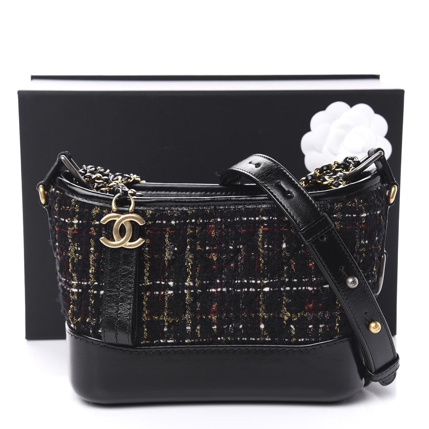 Tweed Calfskin Small Gabrielle Hobo Black Gold Red Ecru