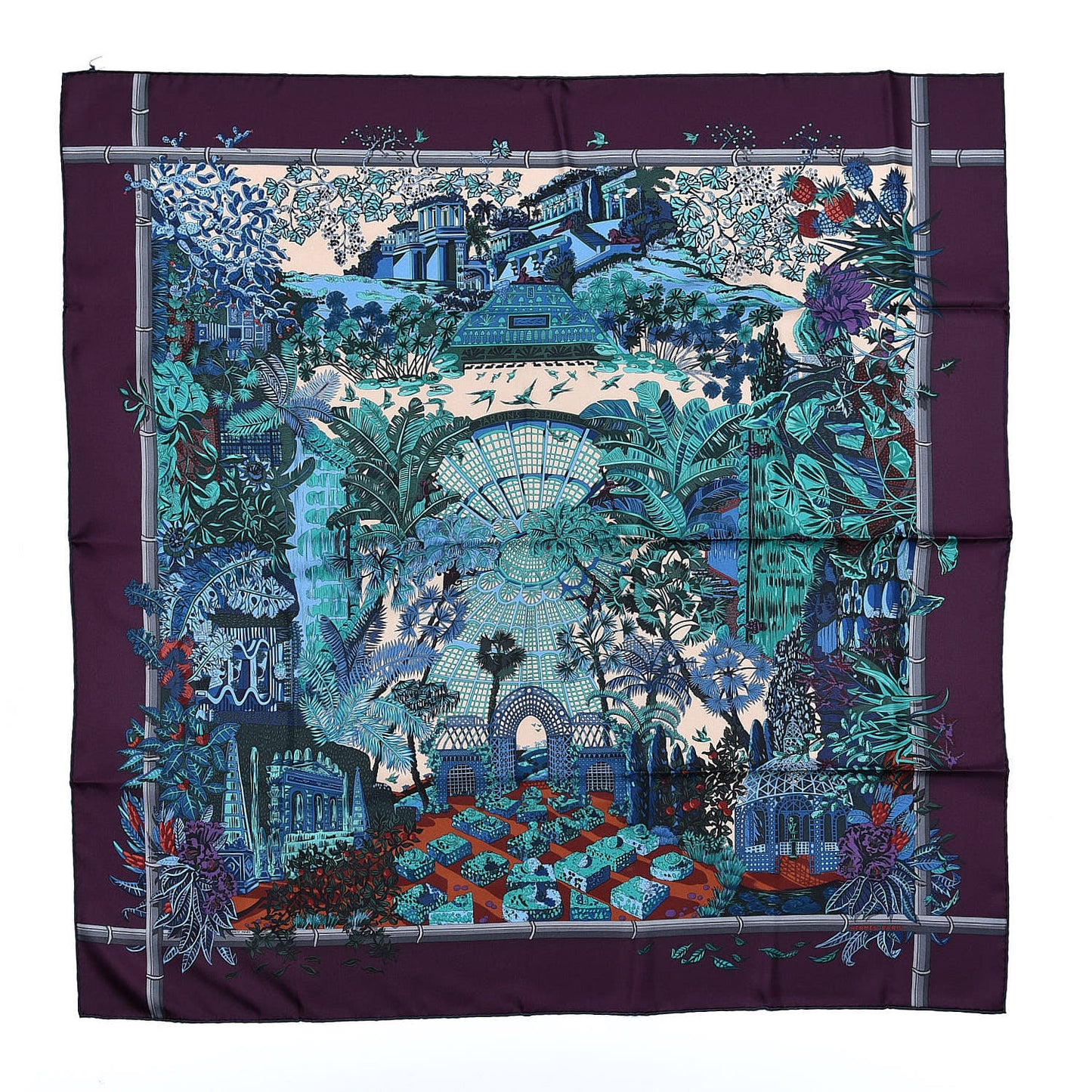 Silk Jardins D Hiver Scarf 90 Aubergine Vert Bleu