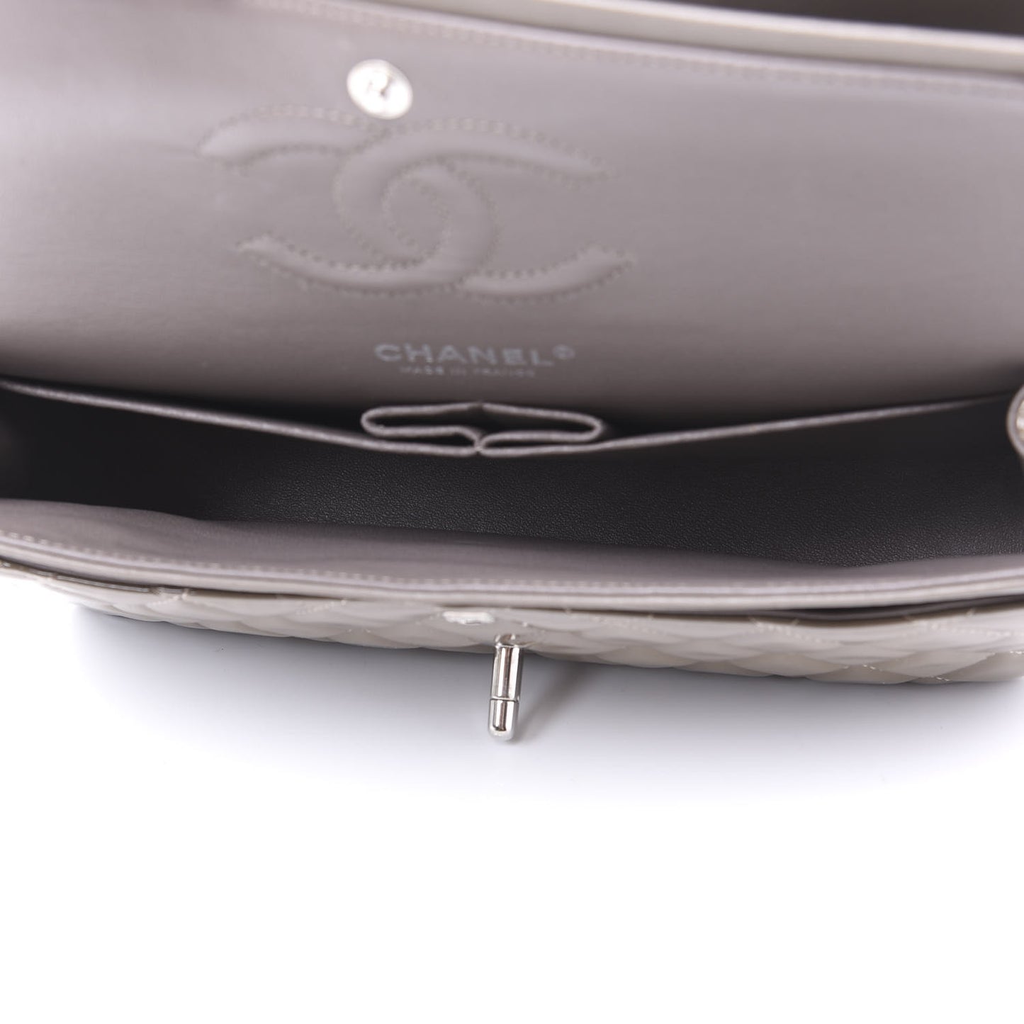 Patent Calfskin Quilted Medium Double Flap Grey