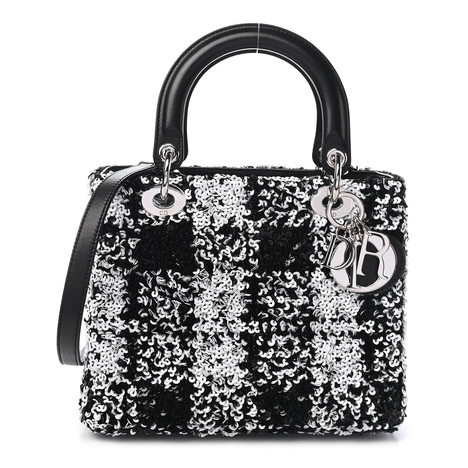 Christian Dior Lambskin Sequin Embellished Medium Lady Dior Black White 1 of 8