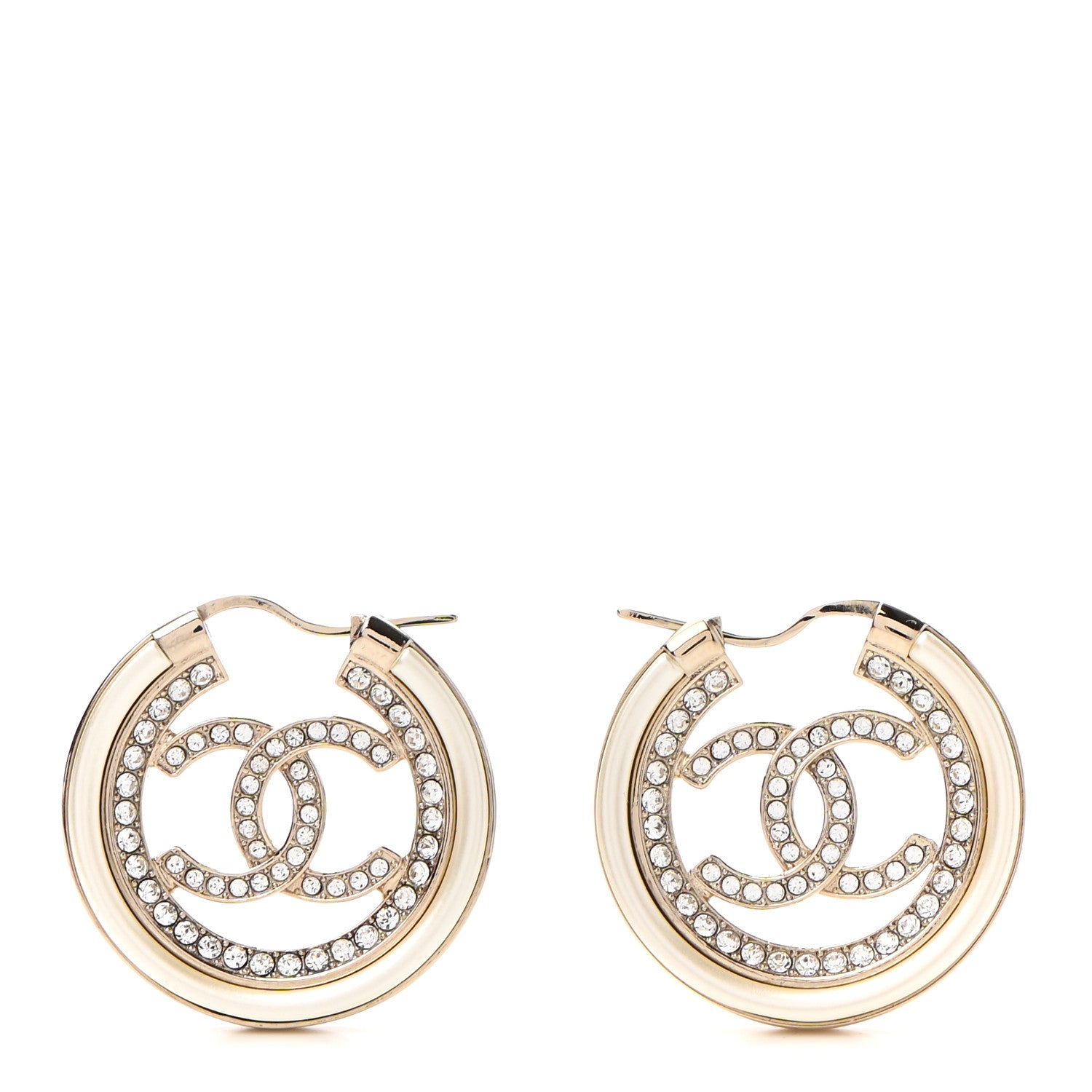 Chanel Metal Crystal Strass CC Hoop Earrings Gold 1 of 4