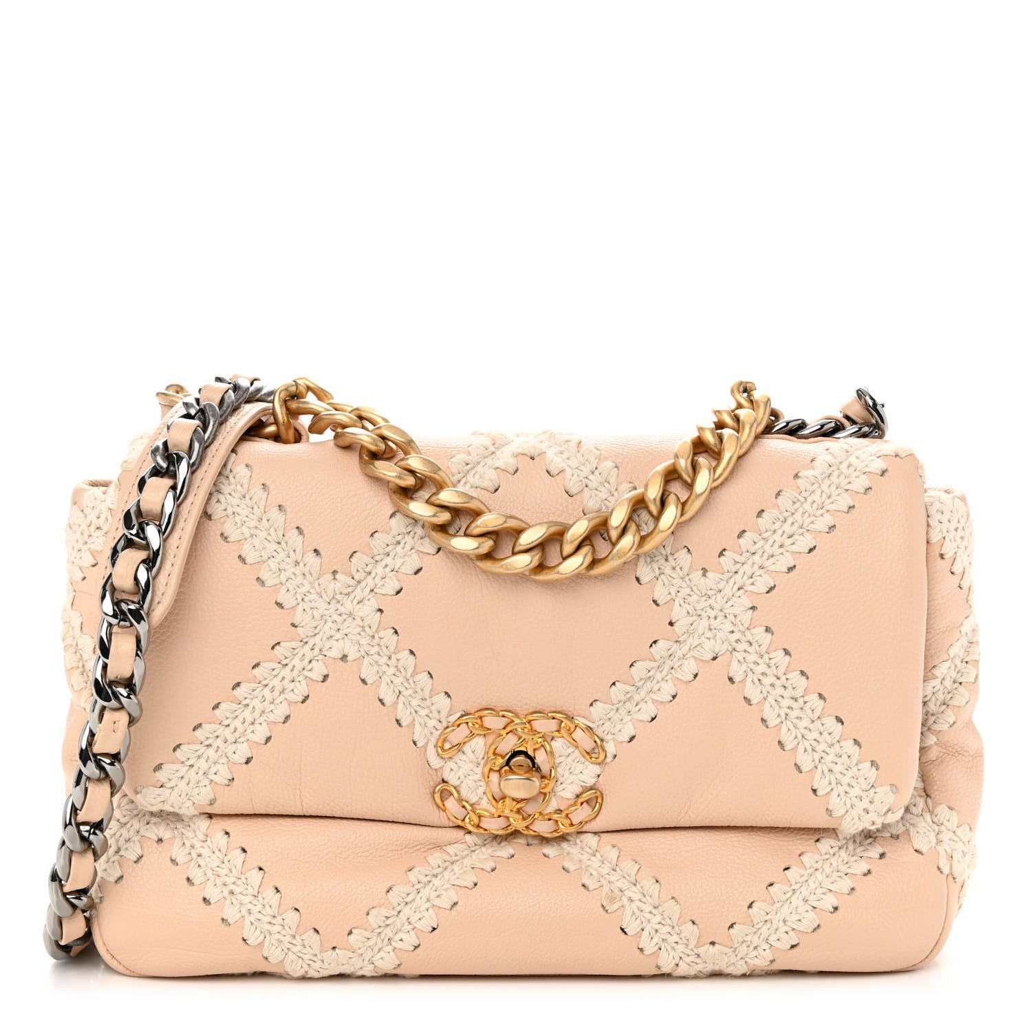 CHANEL Calfskin Crochet Medium Chanel 19 Flap in the color Beige by FASHIONPHILE