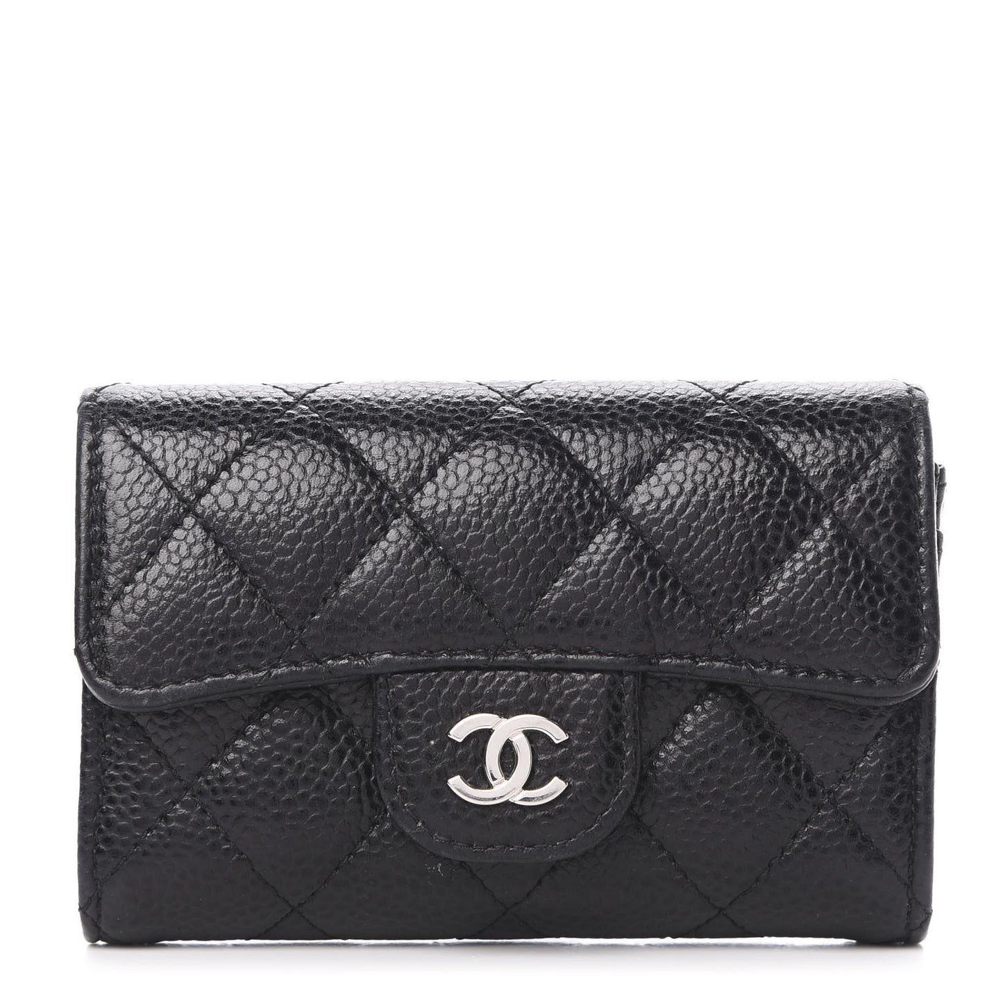 Caviar Quilted Flap Card Holder Wallet Black