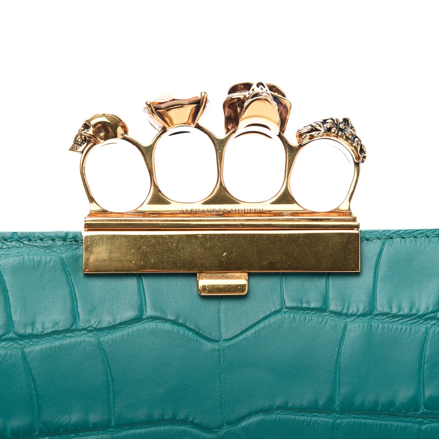 Calfskin Crocodile Embossed Knuckle Flat Clutch Green