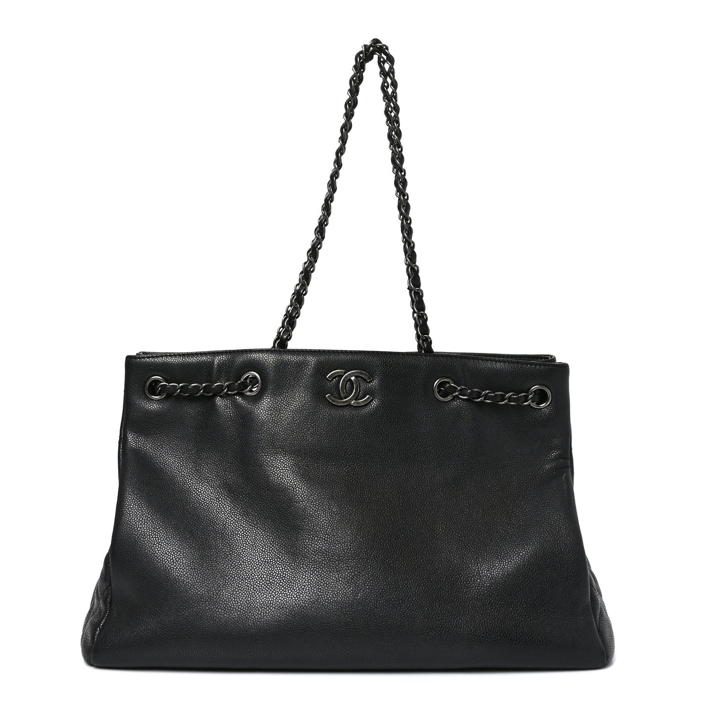 Metallic Grained Calfskin Woven Chain Large Shopping Bag Black