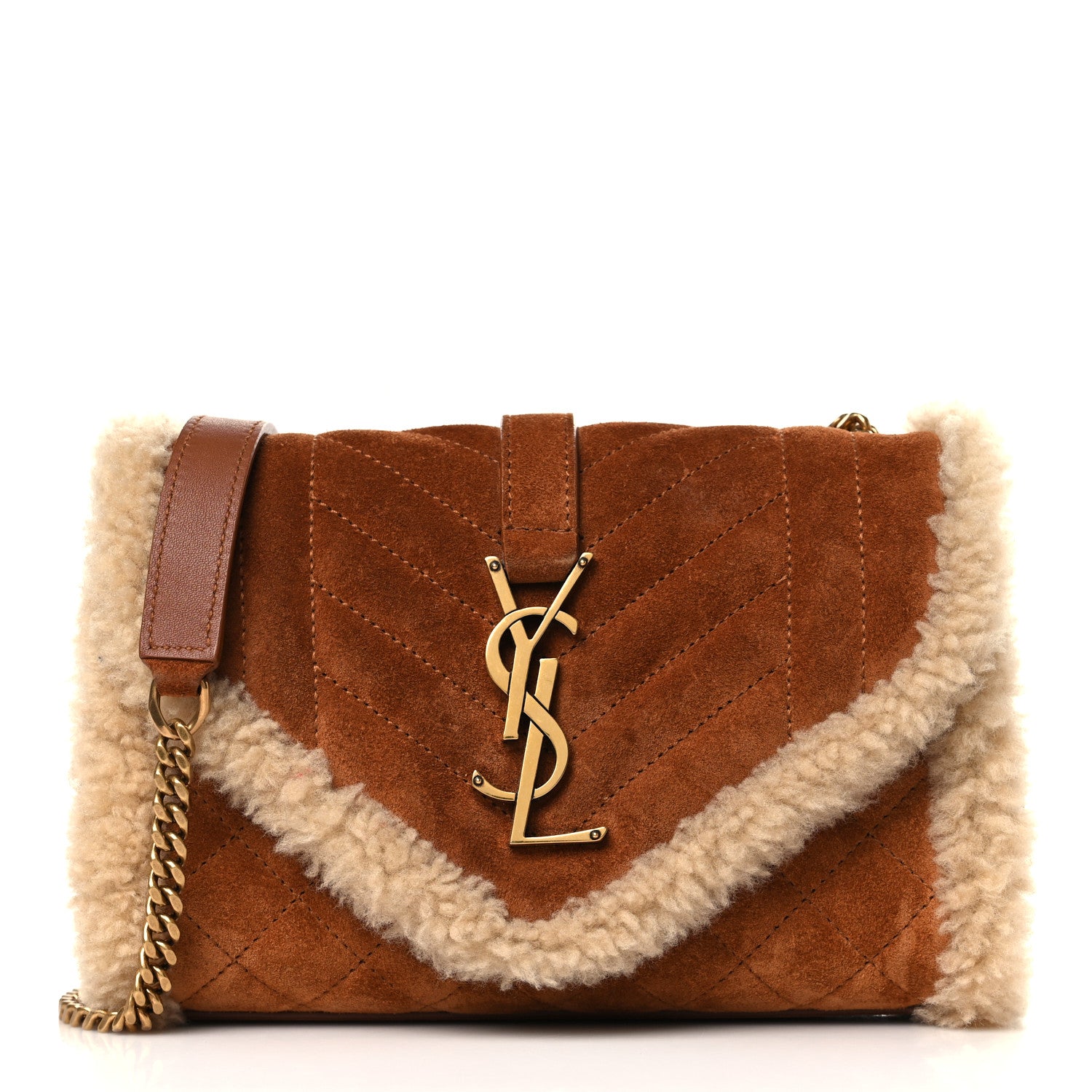 Saint Laurent Nubuck Shearling Mixed Matelasse Triquilt Small Monogram Satchel Ivory Natural Tan 1 of 10