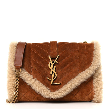 Saint Laurent Nubuck Shearling Mixed Matelasse Triquilt Small Monogram Satchel Ivory Natural Tan 1 of 10