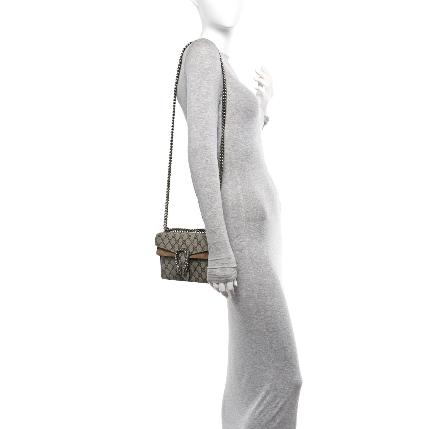 GG Supreme Monogram Suede Crystal Small Dionysus Shoulder Bag Beige Ebony Taupe