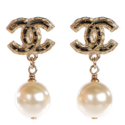 Chanel Pearl Enamel CC Drop Earrings Black Gold 1 of 5