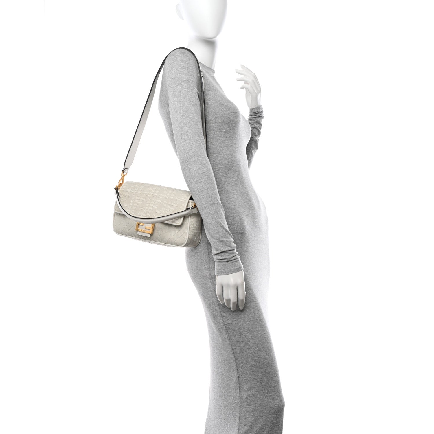 Fendi Canvas Vitello King Extra Strap FF Embroidered Baguette White Ice 3 of 12