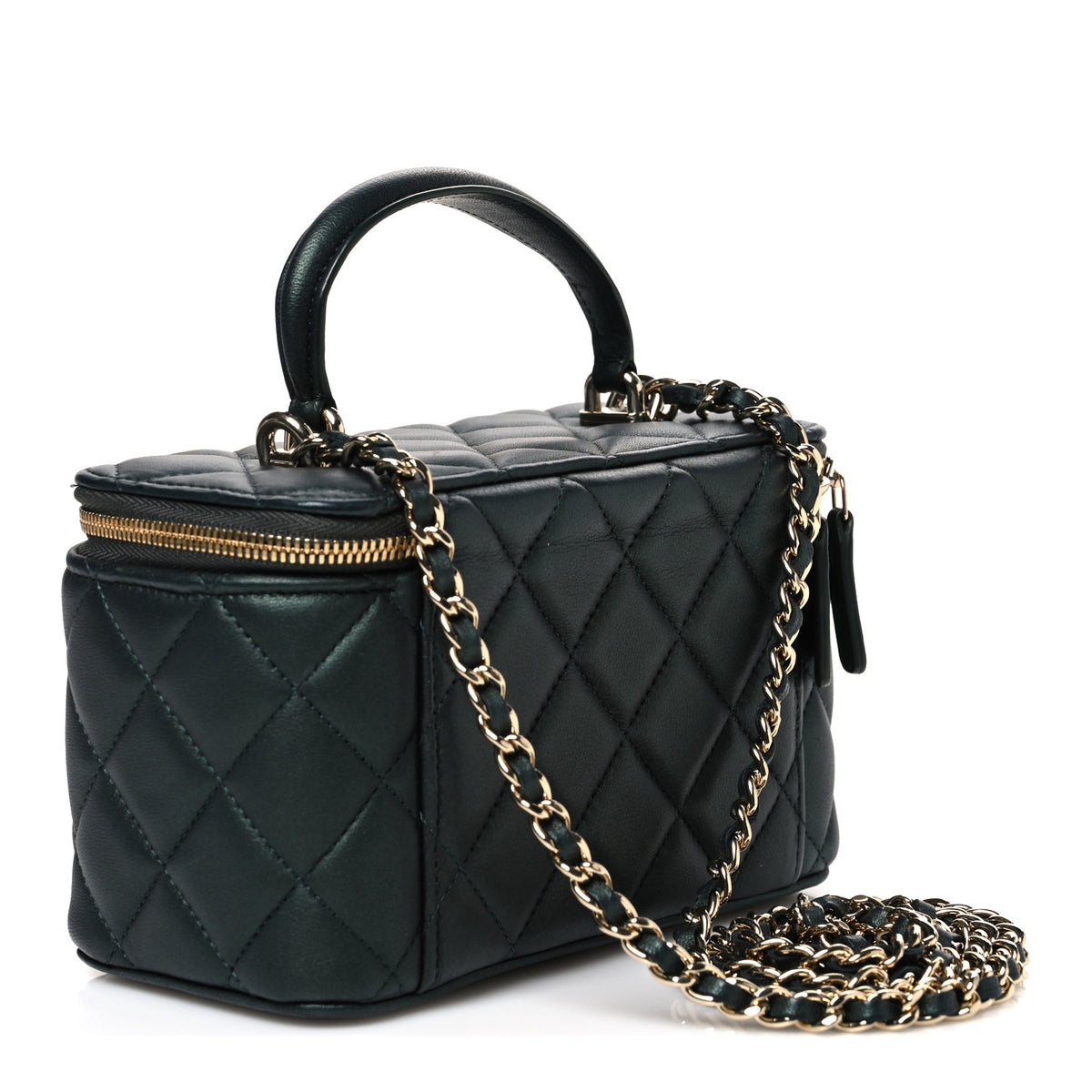 Iridescent Lambskin Quilted Small Top Handle Vanity Case With Chain Dark Green