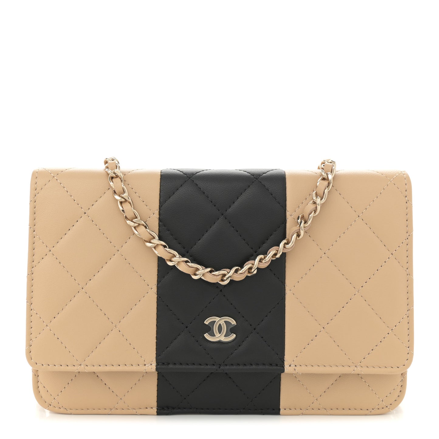 Lambskin Quilted Wallet On Chain WOC Beige Black