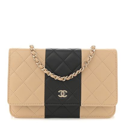 Chanel Lambskin Quilted Wallet On Chain WOC Beige Black 1 of 12