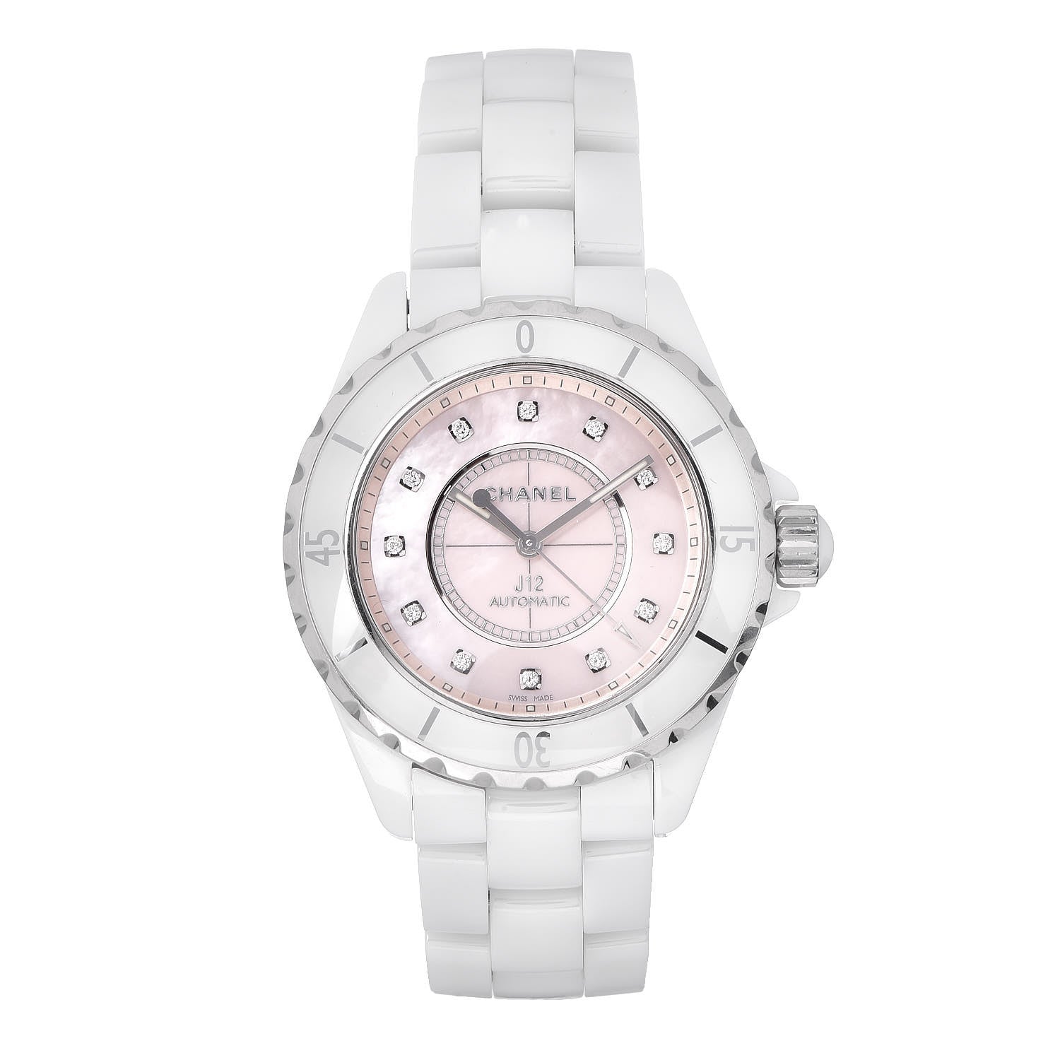 Chanel Stainless Steel Ceramic Diamond Pink Mother of Pearl 38mm J12 Automatic Watch White 1 of 5