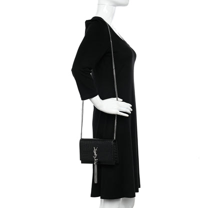 Saint Laurent Calfskin Crocodile Embossed Kate Monogram Tassel Chain Wallet Black 2 of 9
