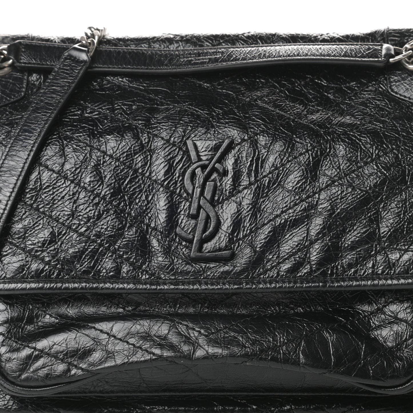 Crinkled Calfskin Matelasse Monogram Large Niki Chain Satchel Black