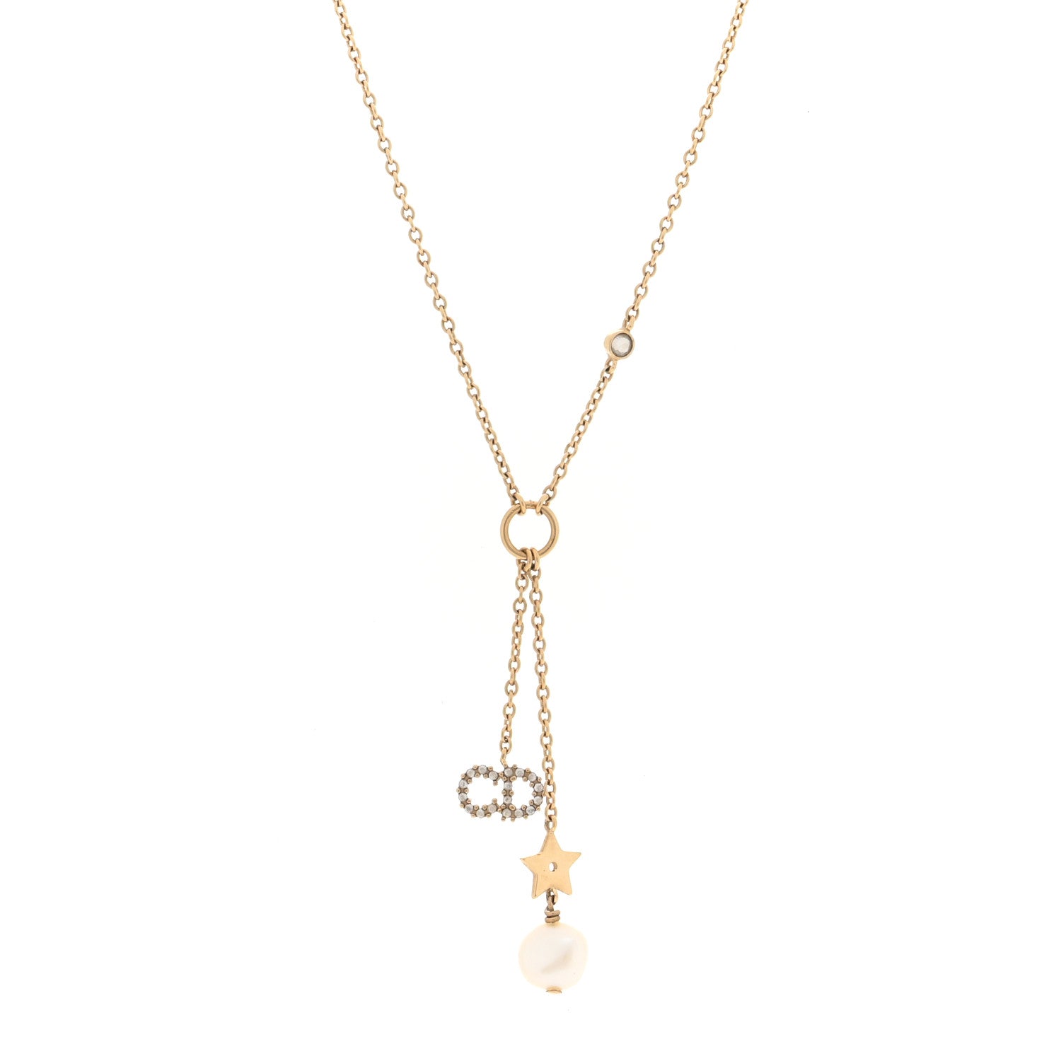 Christian Dior Crystal Pearl CD Shiny-D Tribal Long Necklace Gold 1 of 4