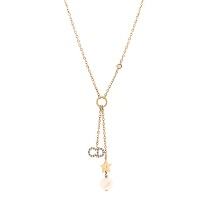 Christian Dior Crystal Pearl CD Shiny-D Tribal Long Necklace Gold 1 of 4