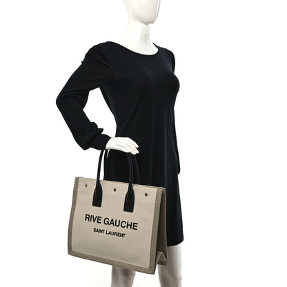 Saint Laurent Linen Calfskin Small Rive Gauche Tote Greggio Natural 2 of 9