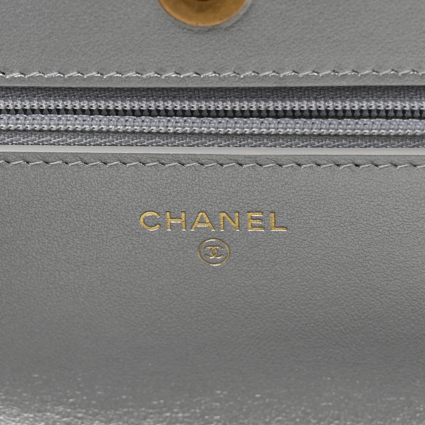 Metallic Lambskin Quilted Chanel 19 Wallet On Chain WOC Silver