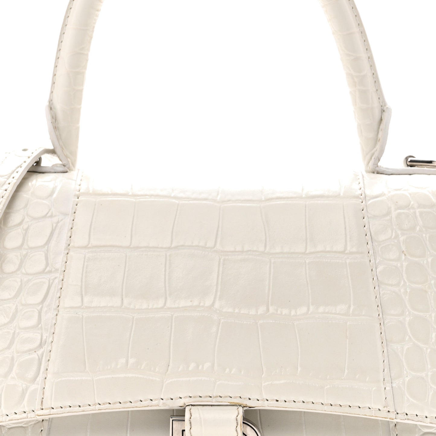 Calfskin Crocodile Embossed Small Hourglass Top Handle Bag White