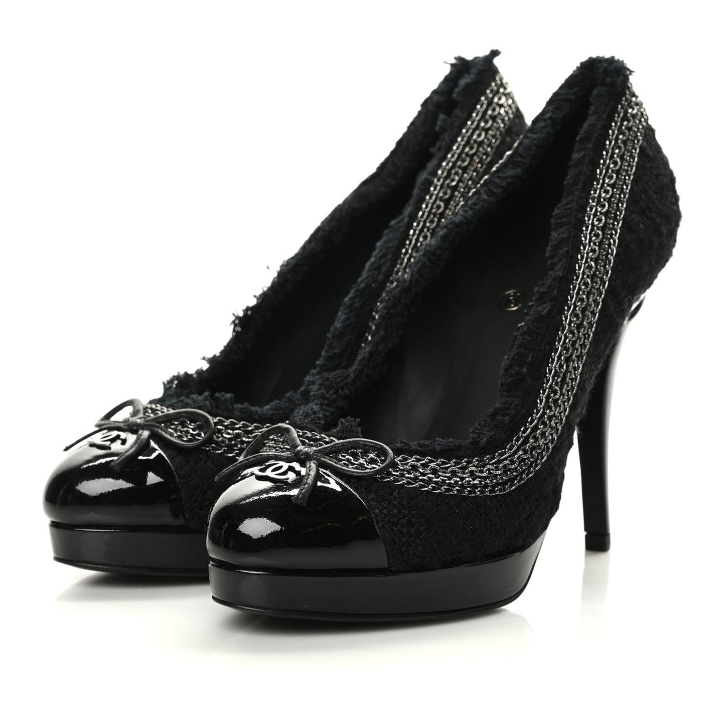 Tweed Patent Cap Toe CC Chain Pumps 36 Black
