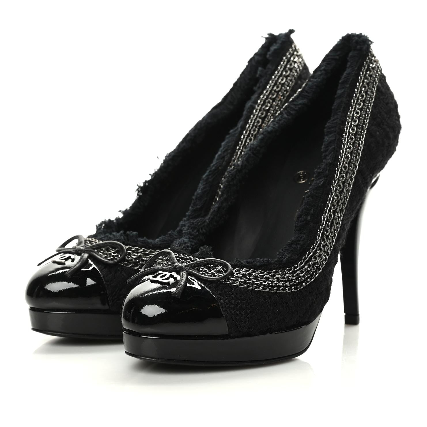 Chanel Tweed Patent Cap Toe CC Chain Pumps 36 Black 3 of 9