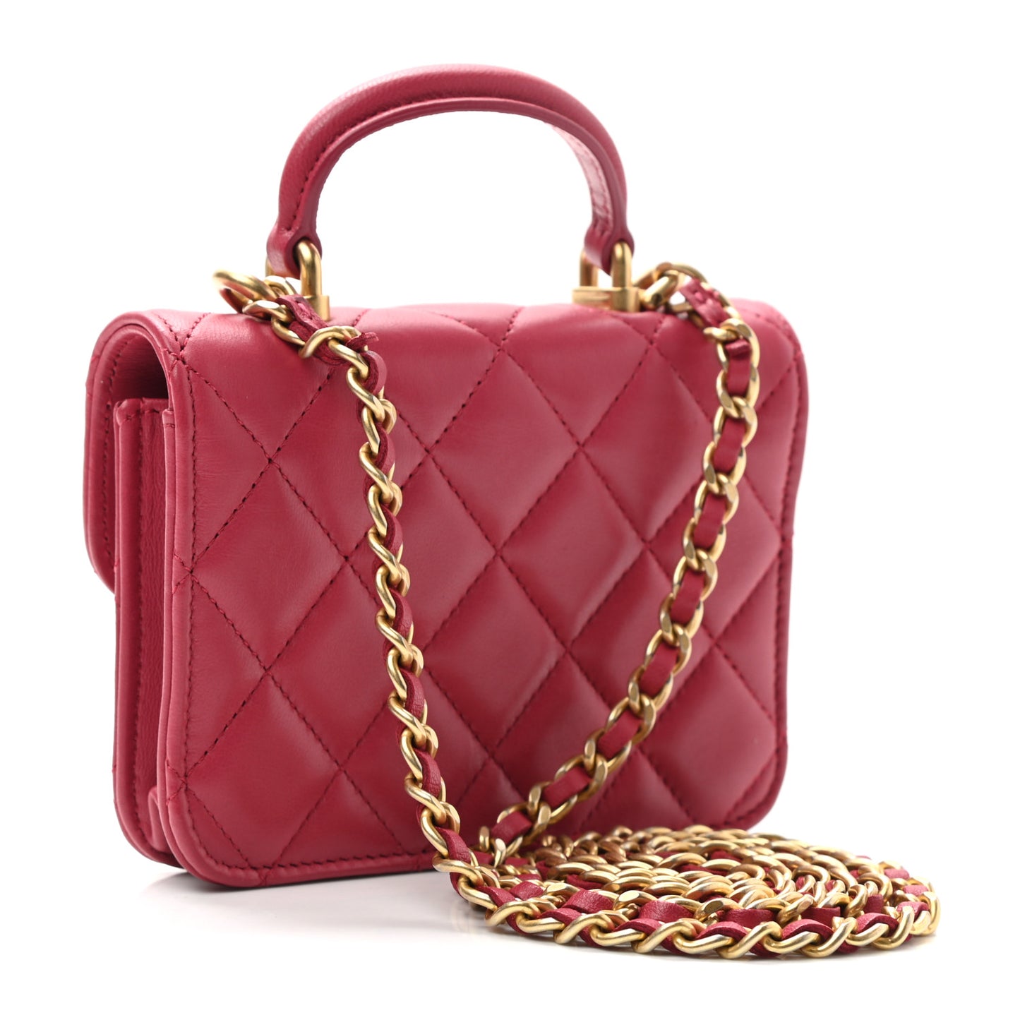 Lambskin Quilted Top Handle Flap Coin Purse With Chain Dark Pink
