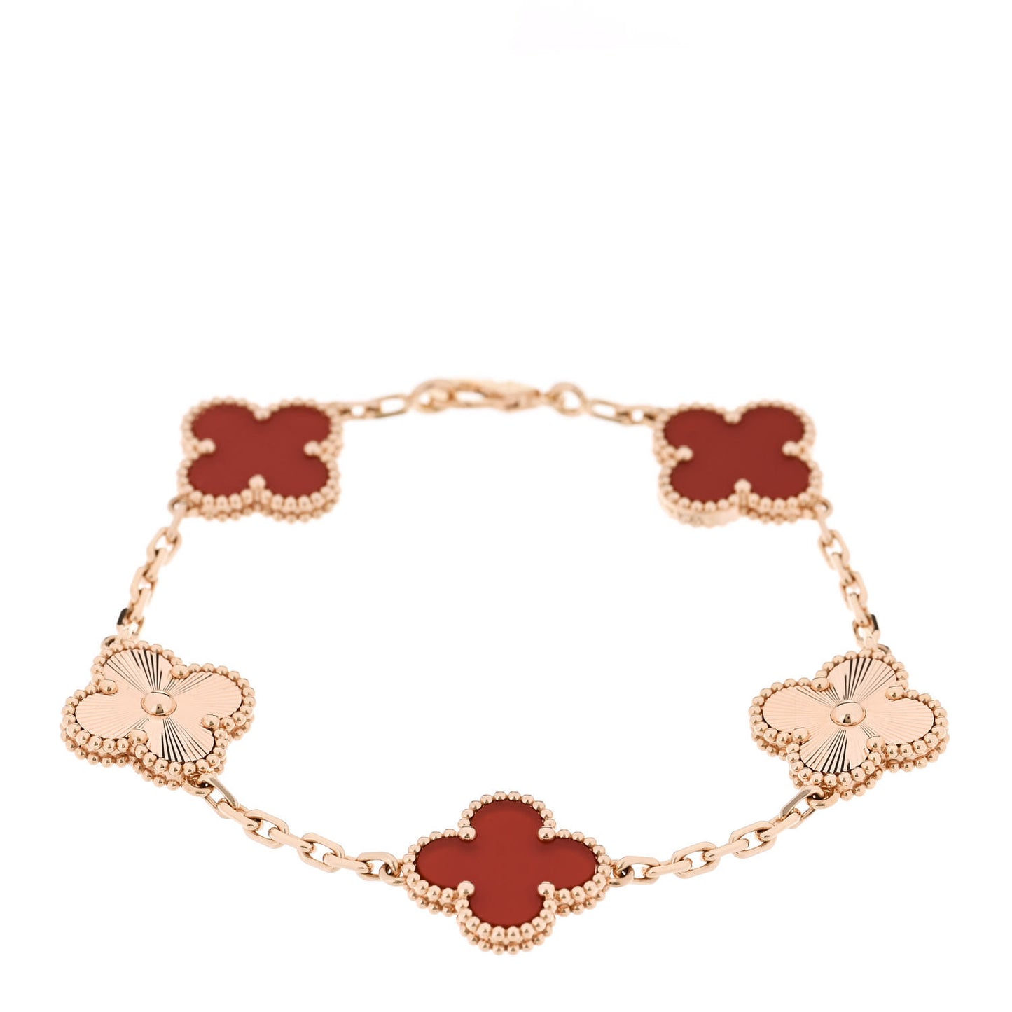 18K Rose Gold Carnelian 5 Motifs Guilloche Vintage Alhambra Bracelet