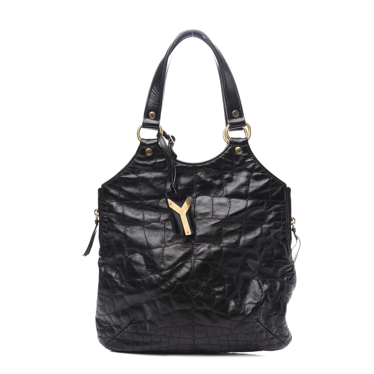 Glazed Calfskin Crocodile Embossed Tribute Tote Black