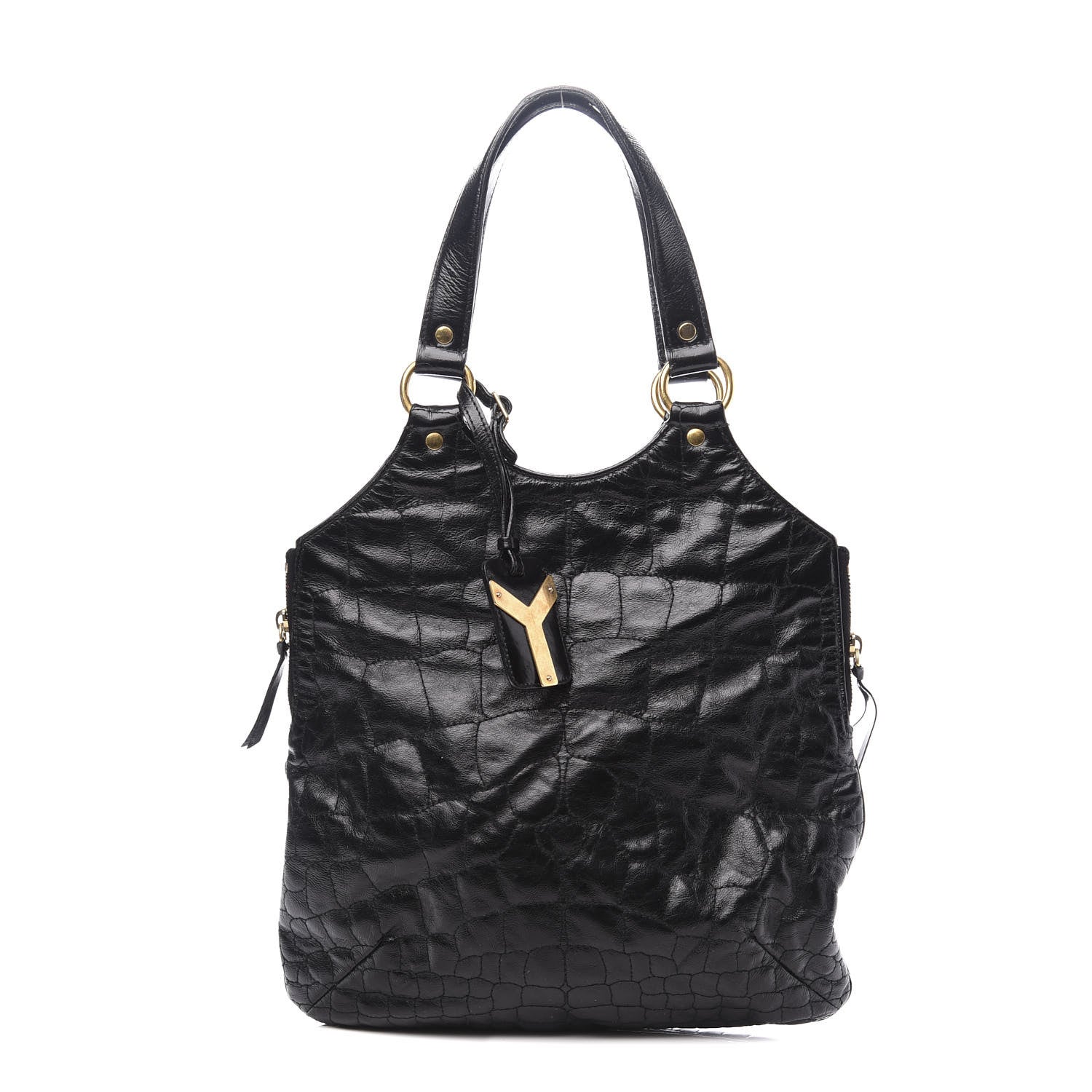 Saint Laurent Glazed Calfskin Crocodile Embossed Tribute Tote Black 1 of 9