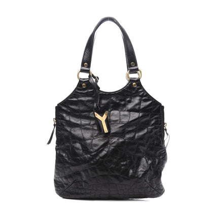 Saint Laurent Glazed Calfskin Crocodile Embossed Tribute Tote Black 1 of 9