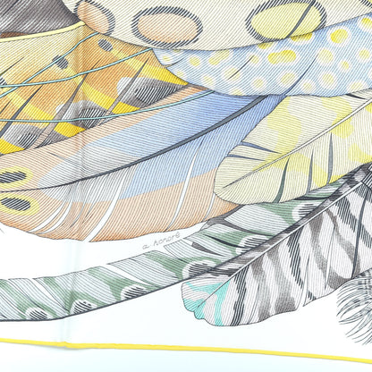 Hermes Cashmere Silk Plumes En Fete Scarf 90 Blanc Jaune Mauve 5 of 7