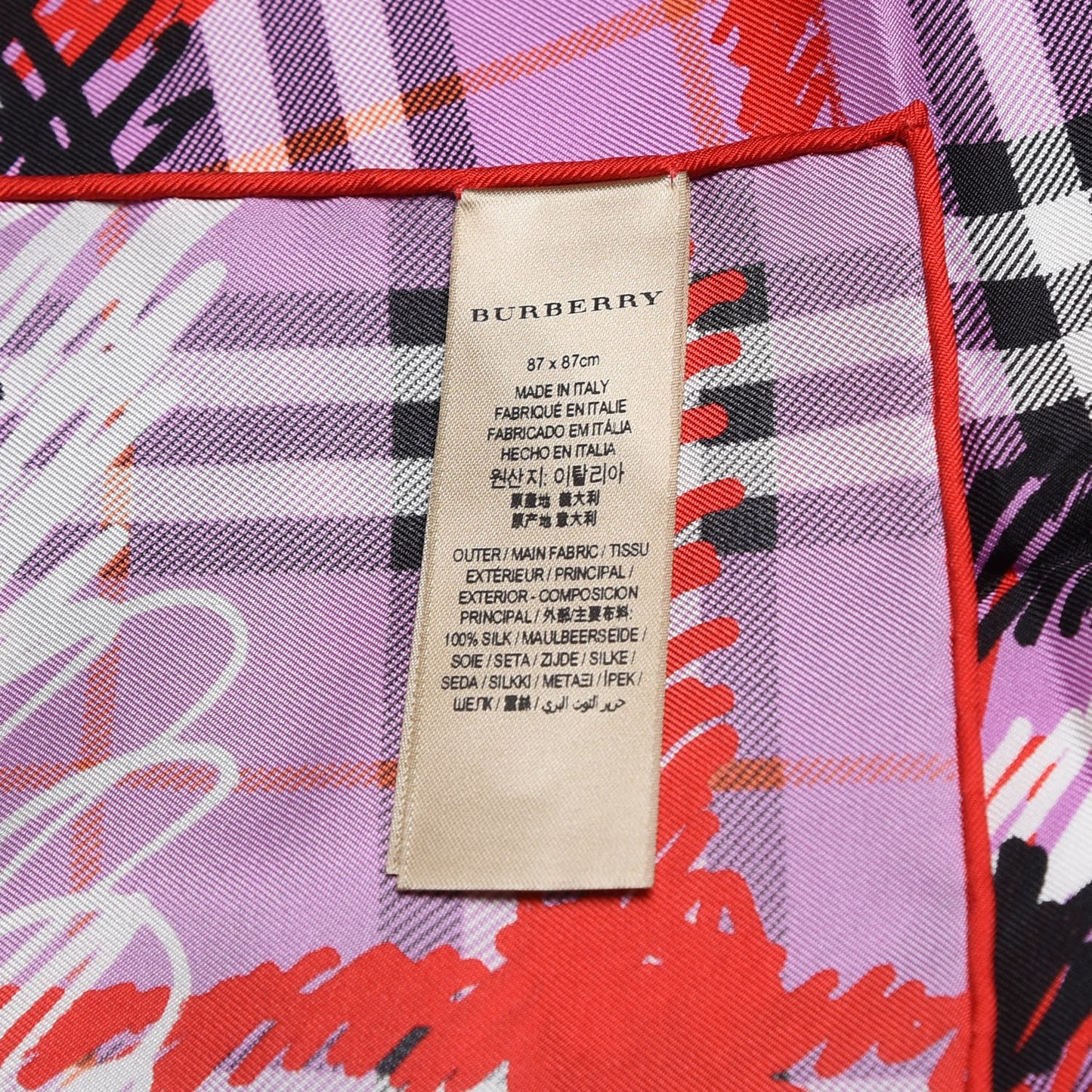 Silk Vintage Check Scribble Print Scarf Fuchsia