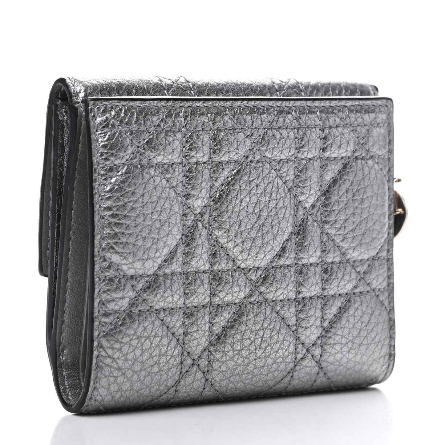 Metallic Grained Calfskin Cannage Lady Dior French Wallet Steel