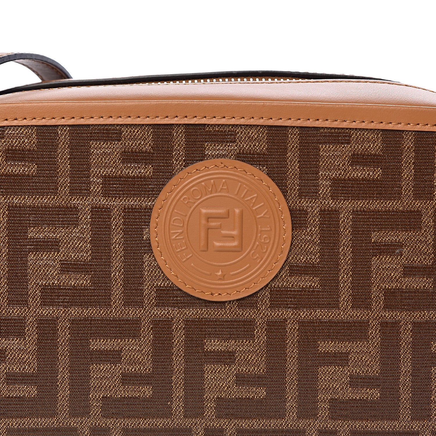 Fendi Glazed Fabric Vitello Century FF 1974 Stamp Patch Camera Case Mogano Panna Caramello 9 of 10