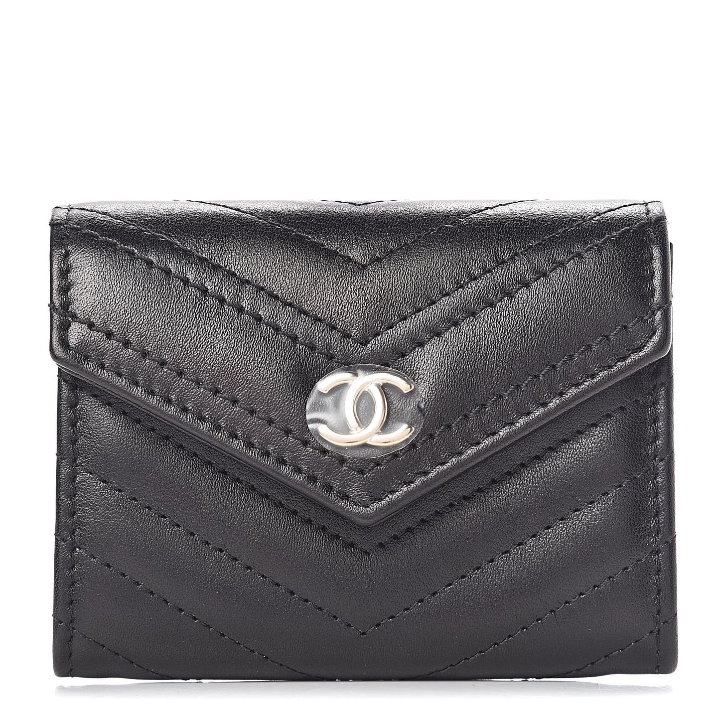Calfskin Chevron Quilted Compact Flap Wallet Black