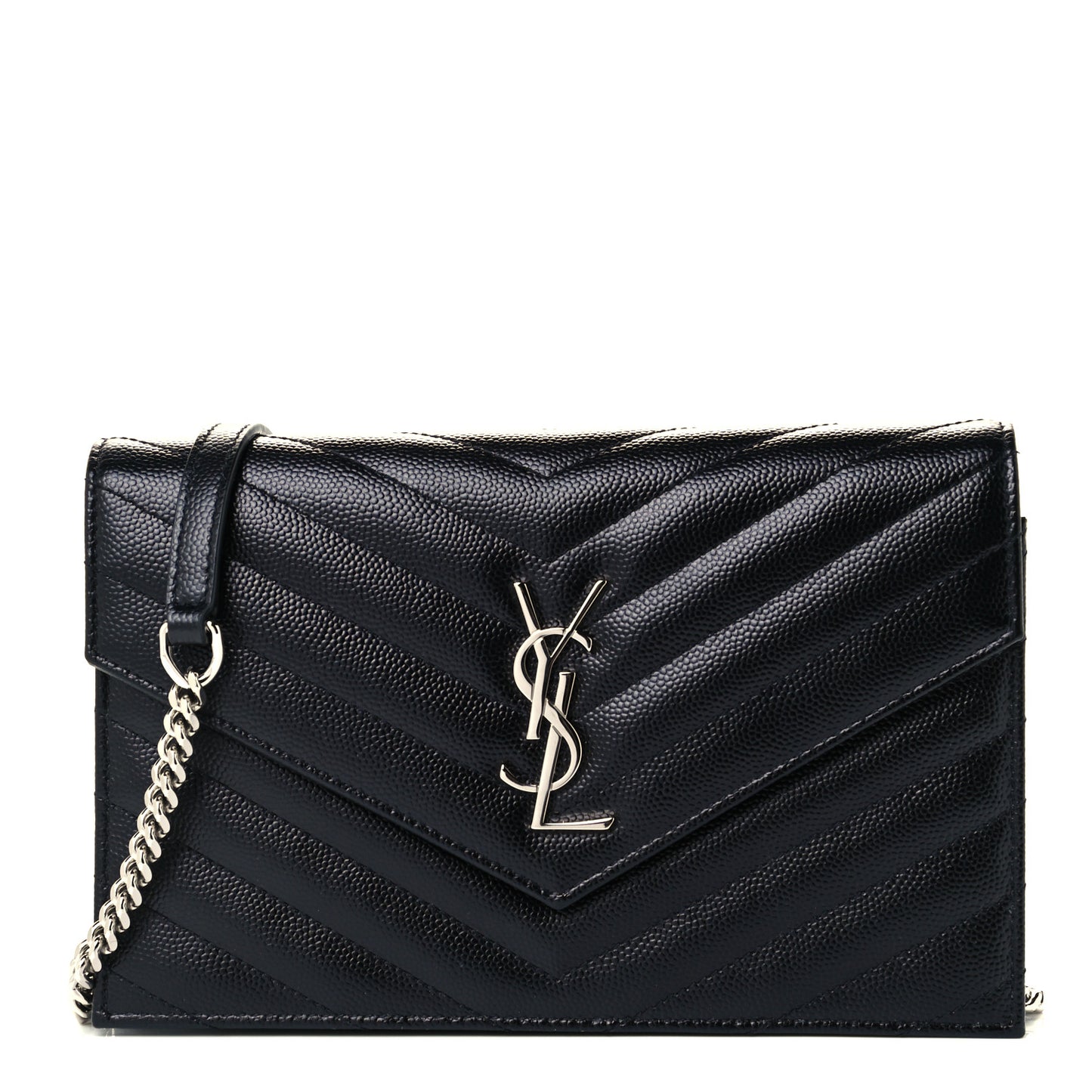 Grain De Poudre Matelasse Chevron Monogram Envelope Chain Wallet Black