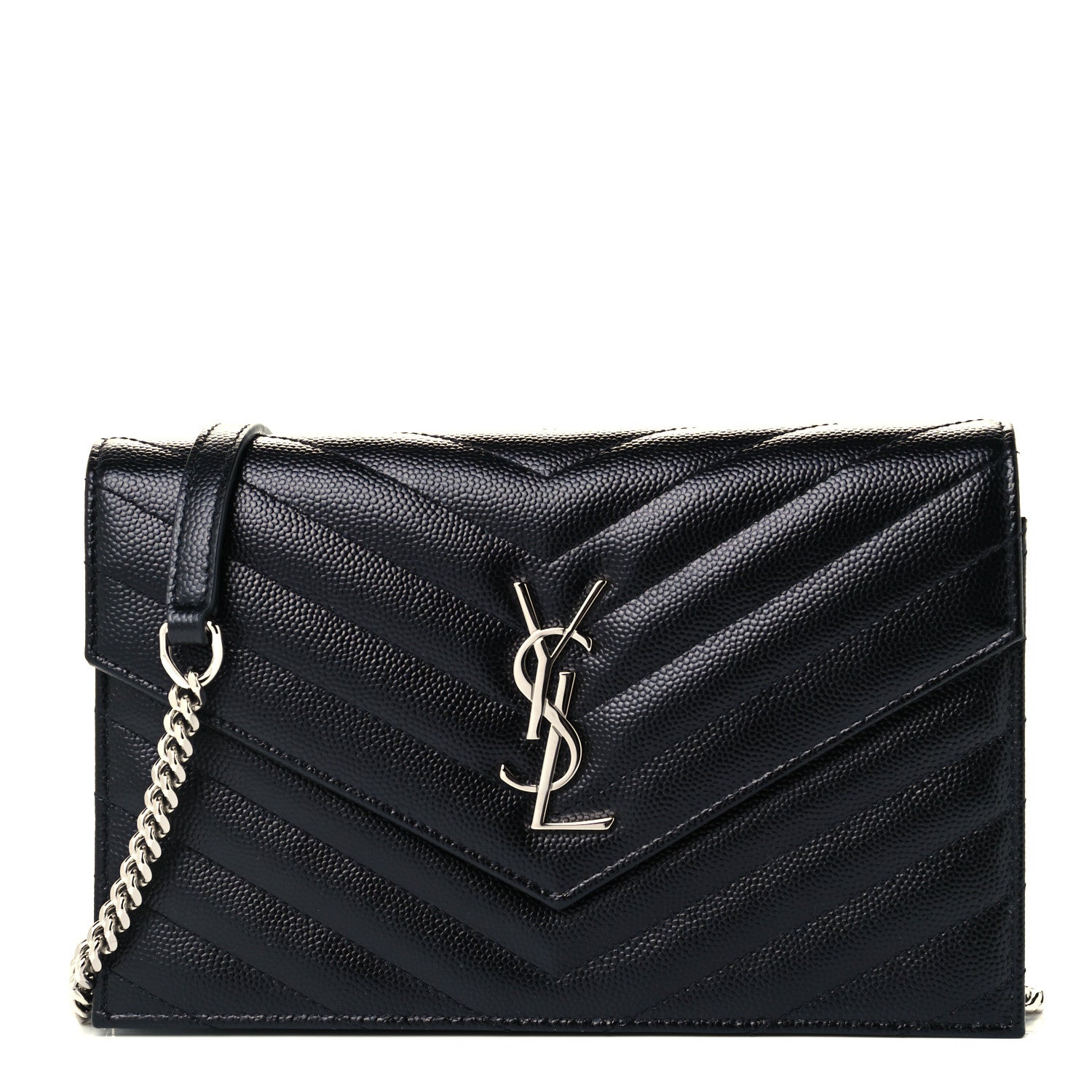 Saint Laurent Grain De Poudre Matelasse Chevron Monogram Envelope Chain Wallet Black 1 of 9