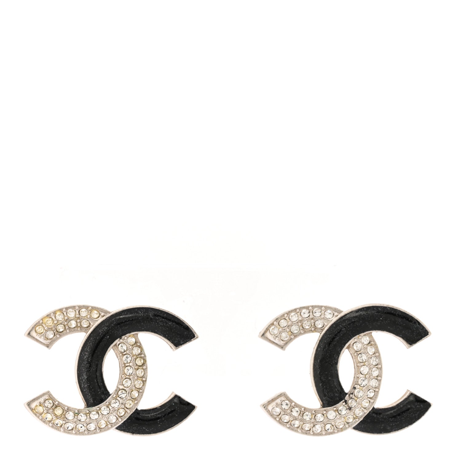 Chanel Crystal Enamel CC Earrings Silver Black 1 of 5
