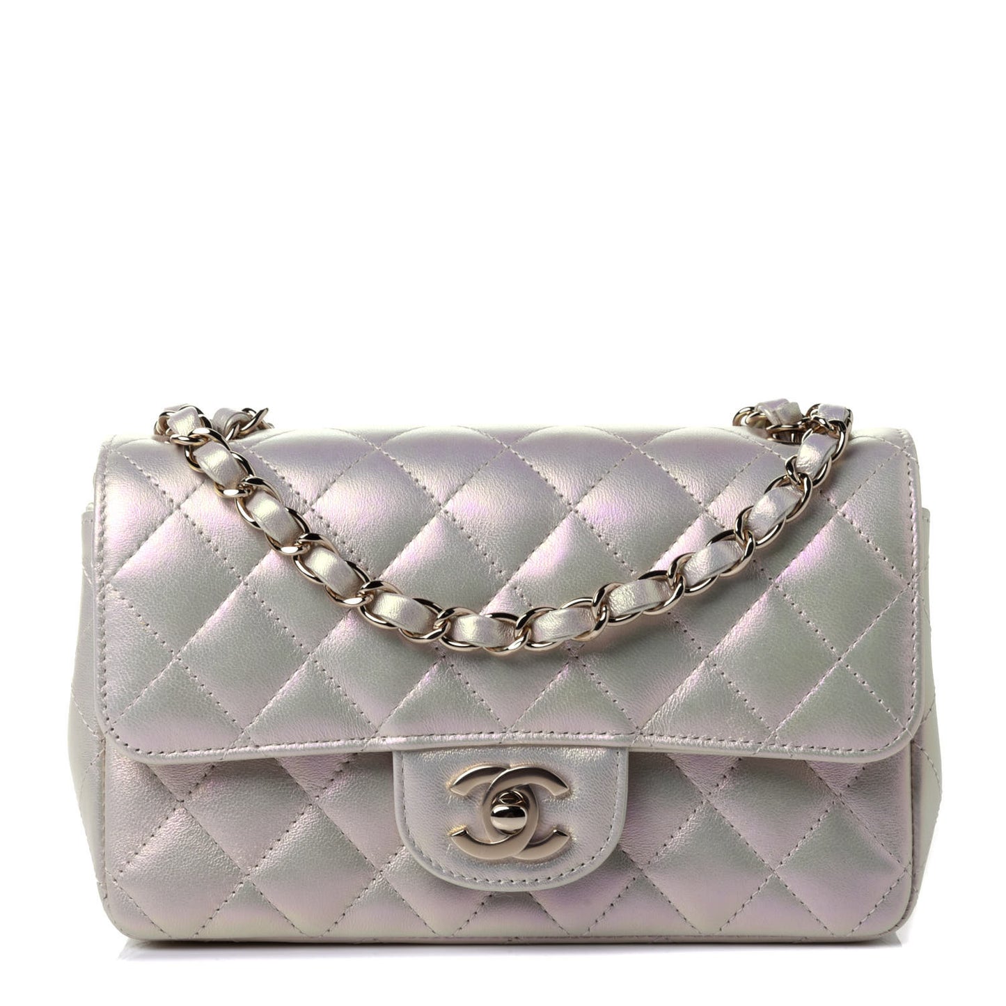 Iridescent Lambskin Quilted Mini Rectangular Flap Ivory