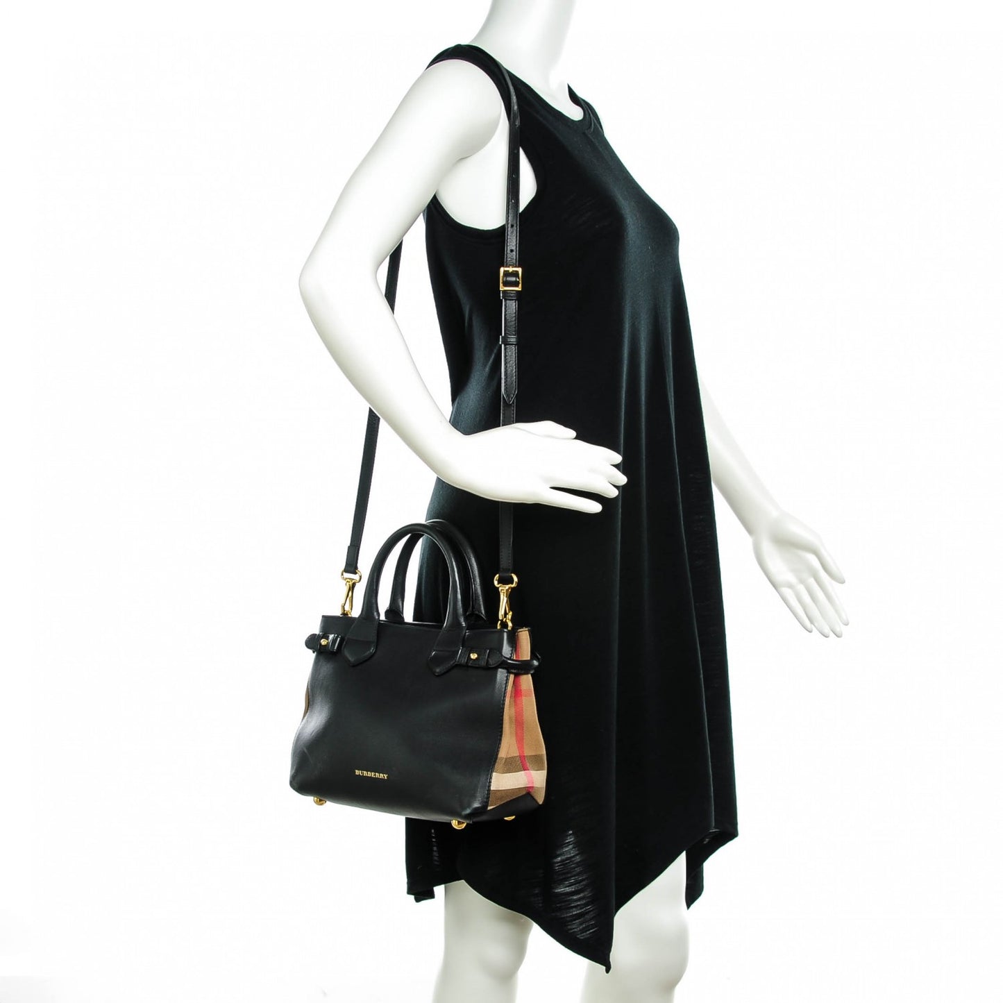 Calfskin House Check Small Banner Tote Black