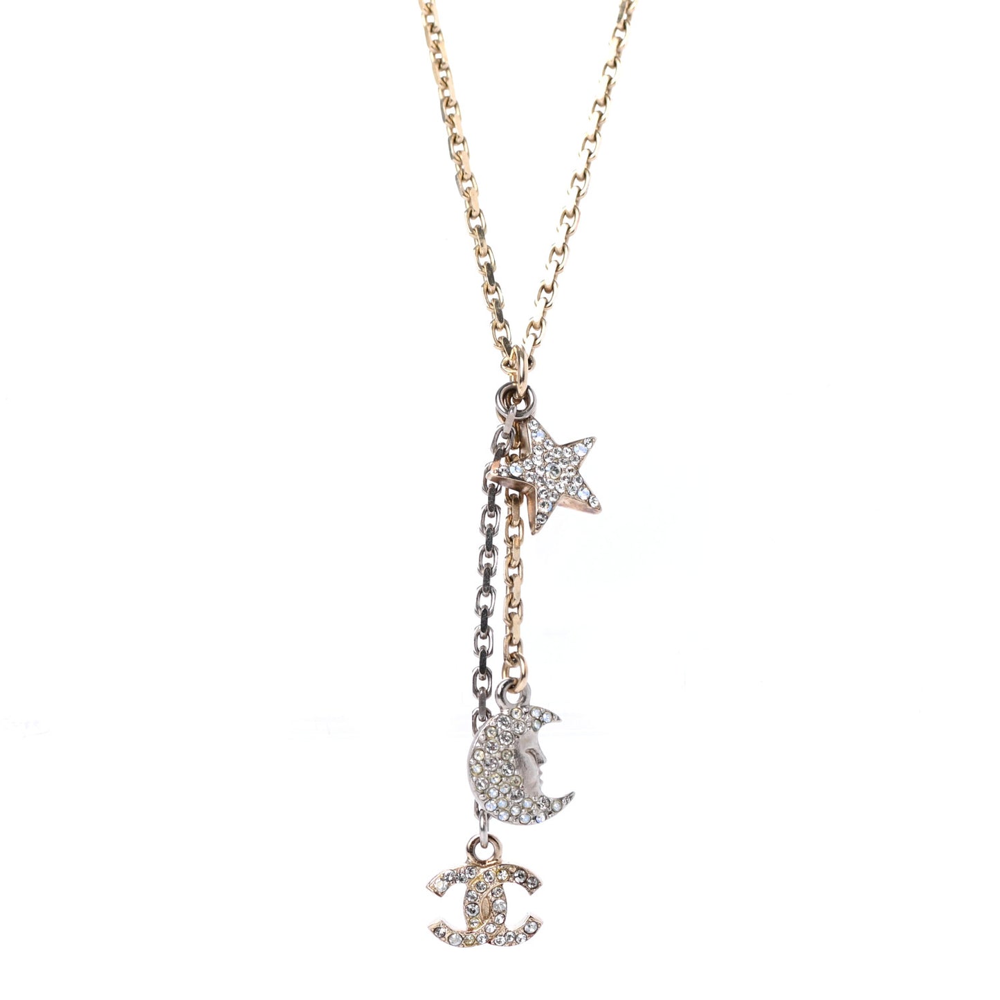 Crystal Pearl CC Moon Star Drop Necklace Gold