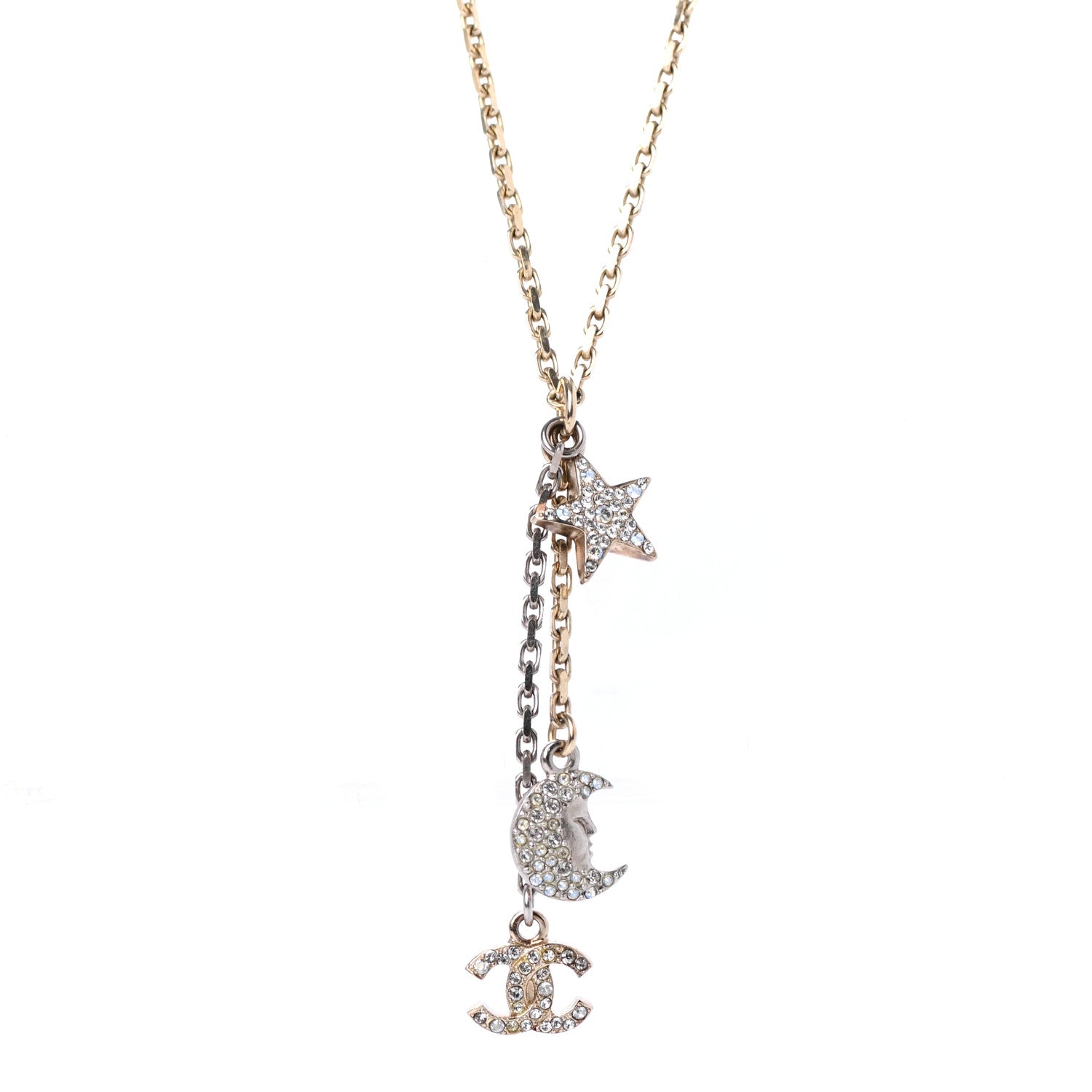 Chanel Crystal Pearl CC Moon Star Drop Necklace Gold 3 of 4